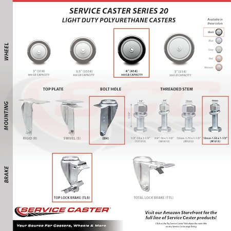 Service Caster 4 Inch Black Polyurethane Wheel Swivel 10mm Threaded Stem Caster Brake, 2PK SCC-TS20S414-PPUB-BLK-TLB-M1015-2-S2